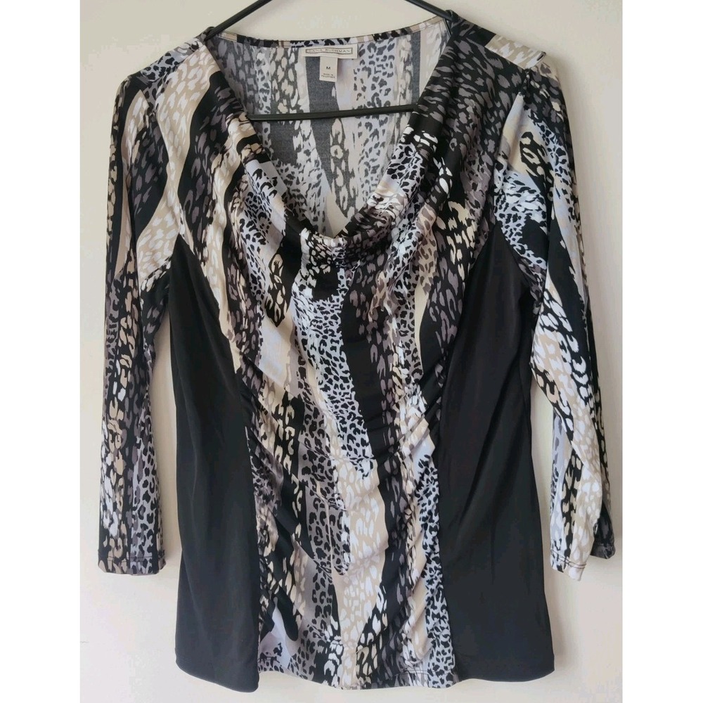 Dana Buchman Women's Animal Print 3/4 Sleeves Cowl Neck Black/Brown Top Size M‎
